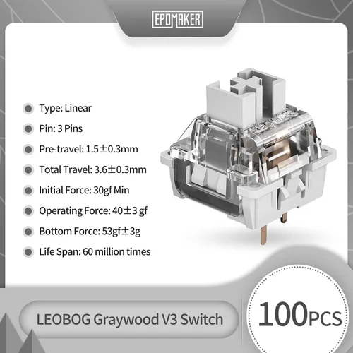 Vista 2 de EPOMAKER LEOBOG Graywood V3 - Juego de interruptores lineales, 1.41 onzas, 3 pines, 100 piezas para personalizar teclados
