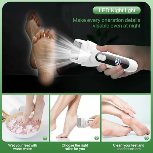 Vista 5 de Removedor eléctrico de callos de pies, lima de pie eléctrico con luz LED y pantalla, limpiador eléctrico recargable e impermeable, 3 rodillos