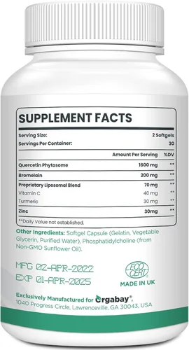Vista 2 de Orgabay Fitosoma liposomal de quercetina 1600 mg,Bromelina 200mg,Zinc 30mg,Vitamina C cúrcuma 40 mg,Máxima absorción,Complejo de quercetina, 60