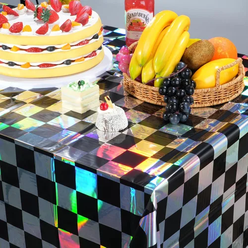 Vista 5 de 3 paquetes de mantel de plástico a cuadros negro y iridiscente, cubiertas de mesa rectangulares brillantes desechables con láser, mantel holográfico