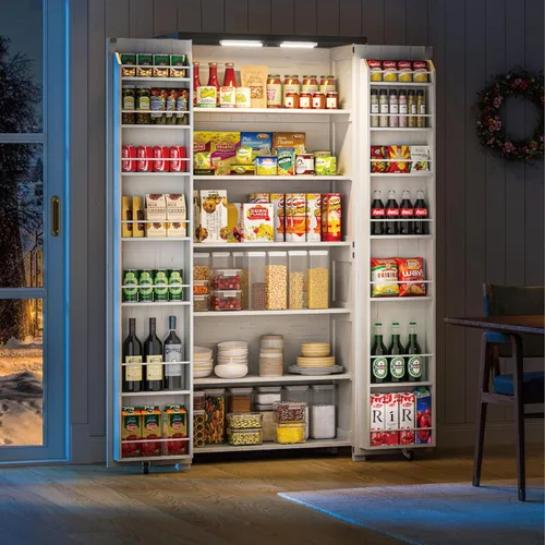 Furnaza Armarios de despensa de cocina, armario de almacenamiento de manualidades de 72 pulgadas de alto con luces LED, estantes ajustables,