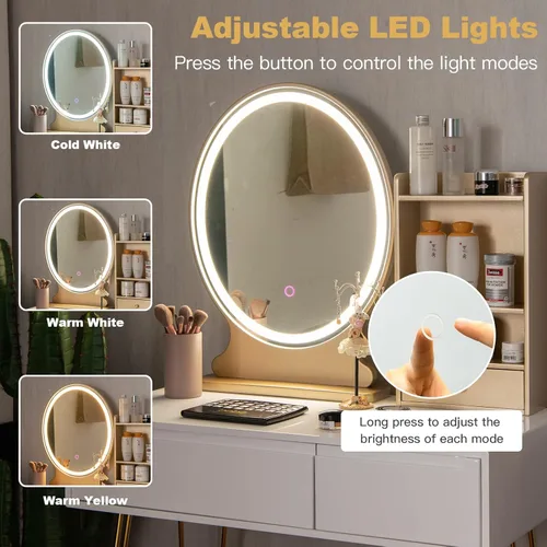 Vista 57 de CHARMAID Tocador de maquillaje con espejo iluminado, 3 cajones y 3 estantes de almacenamiento, 3 juegos de iluminación, brillo ajustable, tocador