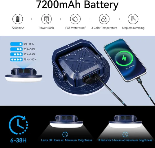 Vista 2 de VAVOFO Linterna LED de Campamento Recargable de 30W, 3000LM, 124 LED con 3 Modos de Iluminación, Luz Portátil para Tienda de 7200mAh con Imán