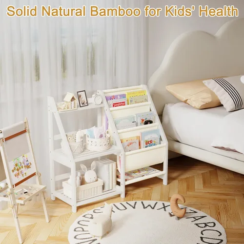 Vista 6 de BAMBANG Estantería para niños con almacenamiento, estante de 3 niveles para libros pequeños, estantería Montessori para bebé, dormitorio, sala