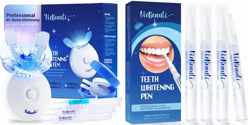 VieBeauti Paquete de blanqueamiento dental – 4 bolígrafos blanqueadores y kit de blanqueamiento LED con gel remineralizante – Blanqueamiento dental