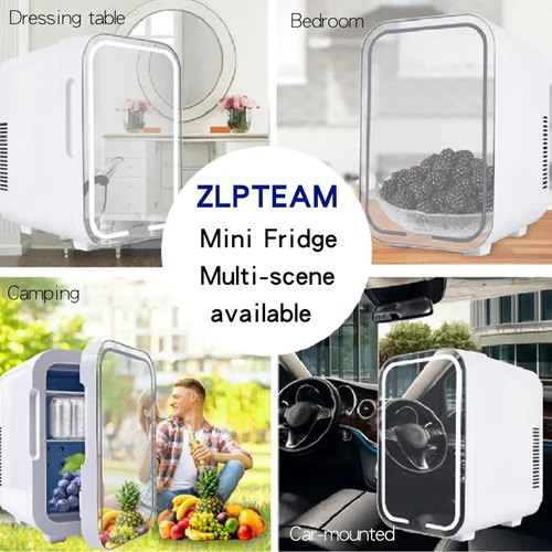 Vista 6 de Mini refrigerador con puerta de espejo y luces LED ajustables - Refrigerador cosmético para el cuidado de la piel de 8L para dormitorio, residencia
