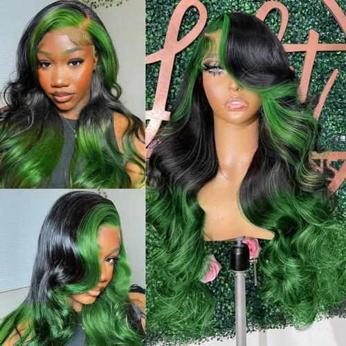 Vista 2 de haha Peluca de cabello humano con reflejos negros y verdes, peluca frontal ondulada de 13 x 4, peluca frontal de encaje verde degradado, peluca