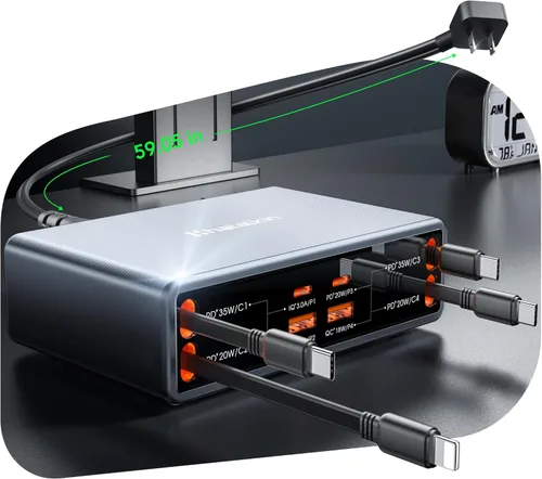 Cargador retráctil 8 en 1 para múltiples dispositivos Apple Samsung, estación de carga de 105 W, USB c Gan Usbc, enchufe de pared de cargador rápido