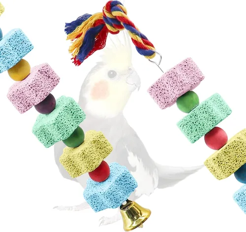 Vista 3 de Paquete de 2 juguetes para masticar pájaros, pico de loro colorido, piedra de calcio con campanas, accesorios de jaula para cacatúas, periquitos