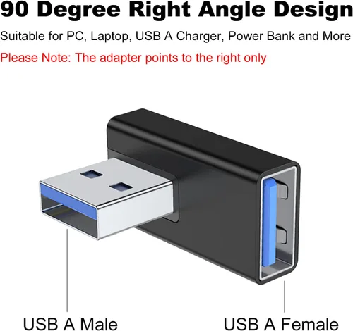 Vista 2 de AreMe Adaptador USB 3.0 de 90 grados, paquete de 2 unidades, extensor de convertidor USB A macho a hembra de ángulo recto para PC, laptop, cargador