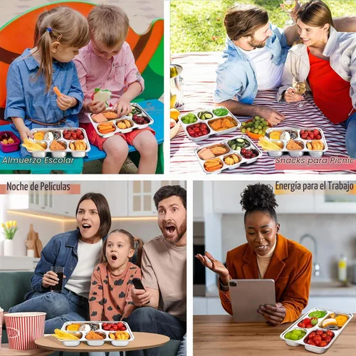 Vista 7 de Recipientes de acero inoxidable con tapas de plástico, 3 unidades, cajas Bento de 3 compartimentos, grandes y reutilizables para preparar comidas