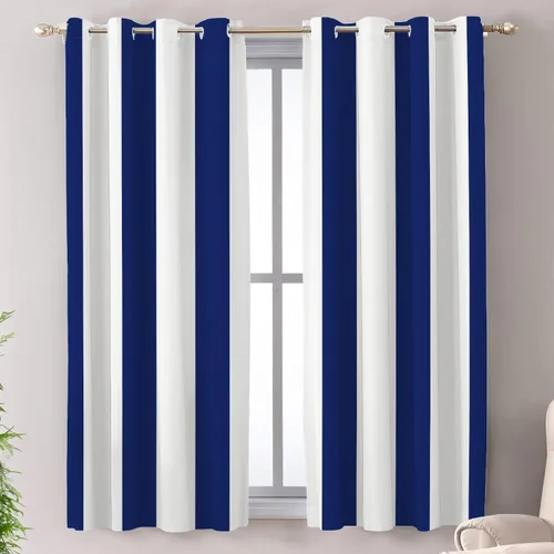 Vista 13 de Shrahala Cenefas de cocina con rayas clásicas azules, cortinas blancas para media ventana, tratamiento de ventana de poliéster multicapa para sala