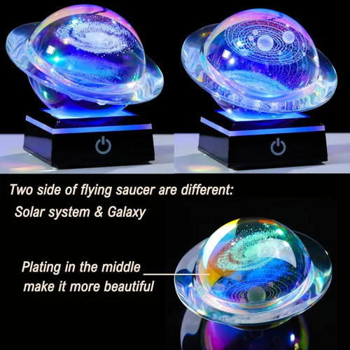 Vista 2 de Qianwei - Bola de cristal 3D del sistema solar, modelo de galaxia, forma de Saturno, 80mm 3.15 pulgadas - Regalo de astronomía para decoración