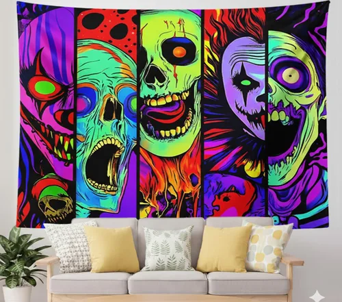 Vista 3 de Atrippy Blacklight Tapiz Decorativo de Pared de Terror de Halloween para Dormitorio, Tapices de Esqueleto de Calavera Reactivos a los Rayos UV