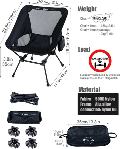 Vista 3 de iClimb Silla de playa plegable ultraligera y compacta con patas grandes antihundimiento y correas de apoyo para la espalda (rojo, marco cuadrado)