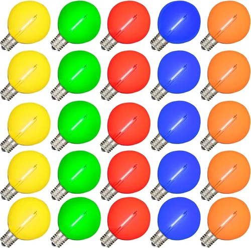 Vista 14 de Novelty Lights Paquete de 25 bombillas LED de filamento verde G50, base intermedia E17/C9, equivalente a 7 vatios, bombillas de repuesto