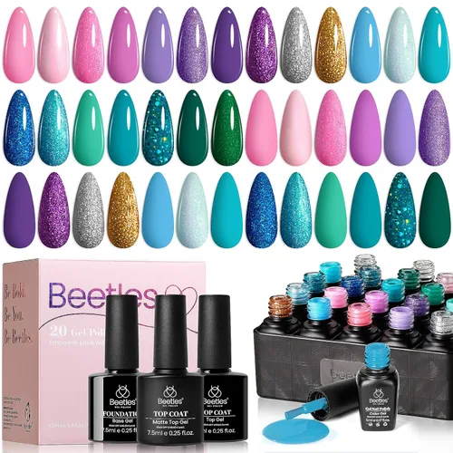 Vista 24 de Beetles - Juego de esmaltes de uñas de gel, 20 colores, rosa, blanco, negro, amarillo, rojo, kit de esmalte de gel con purpurina con calcomanías