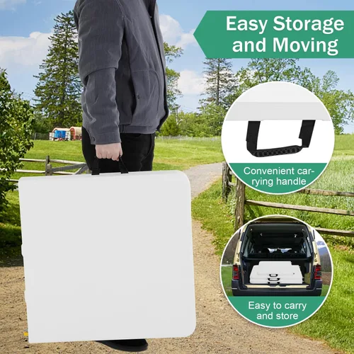 Vista 7 de Mesa plegable, mesa plegable de plástico resistente de 4 pies con asa de transporte, mesas de fiesta portátiles de altura ajustable para jardín