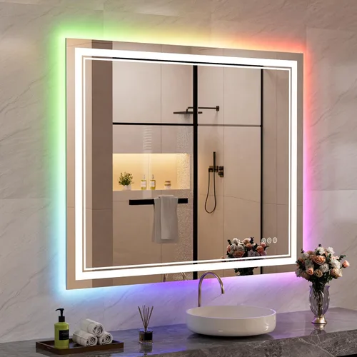 Vista 11 de Espejo de baño LED de 48 x 40 pulgadas con luces, retroiluminado y frontal iluminado para pared, espejo de tocador LED inastillable con memoria