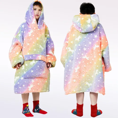 Vista 3 de Manta con capucha para niños, sudadera de Navidad de gran tamaño que brilla en la oscuridad, manta con capucha de unicornio cómoda Sherpa