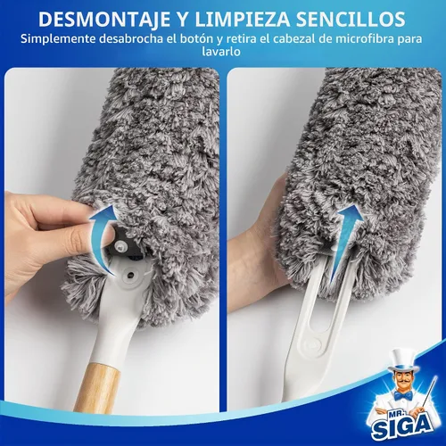 Vista 6 de MR.SIGA Plumero de microfibra sin pelusas, lavable y reutilizable, con mango de bambú y cabezal reemplazable, plumero para limpieza del hogar