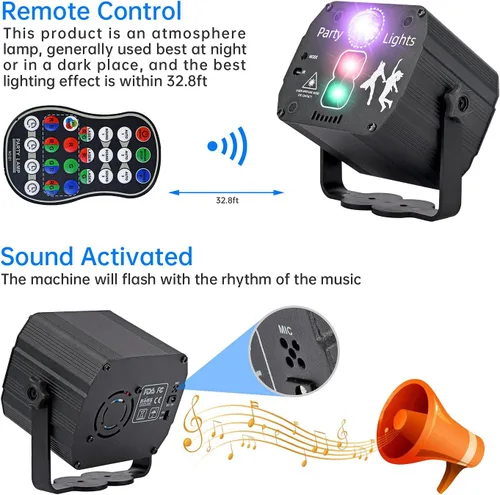 Vista 3 de Luces de fiesta de DJ, luces estroboscópicas giratorias para habitación, control remoto USB y activación por sonido, proyector de múltiples patrones