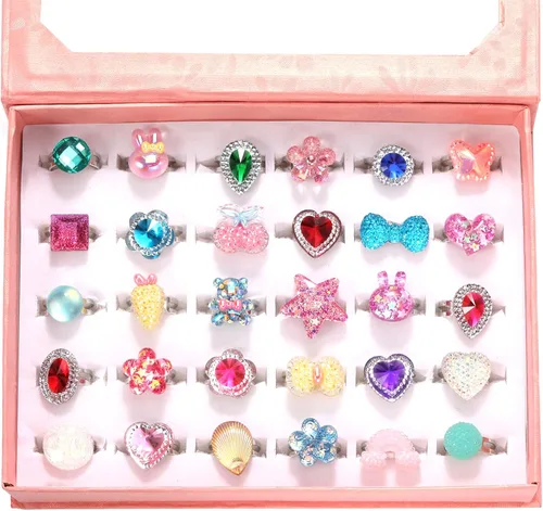 PinkSheep Anillos de joyería para niña pequeña en caja, ajustables, sin duplicación, anillos para niña para jugar a arreglarse y disfrazarse (30