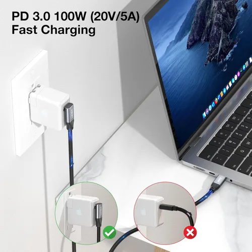 Vista 3 de Cable USB C a USB C de 90 grados, 20 Gbps, cable de transferencia de datos USB C de 100 W, carga PD de 4K a 144 Hz/60 Hz, cable de video en ángulo