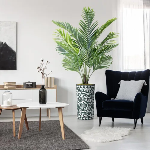 Vista 8 de Árbol artificial con diseño de hojas blancas y negras, palmera tropical areca artificial de seda para decoración del hogar en interiores y Diseño