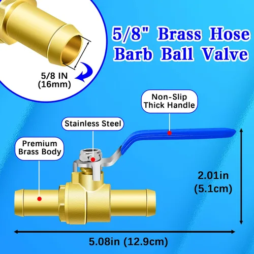 Vista 3 de Kit de válvula de cierre de púas de latón, válvula en línea de 58 pulgadas para mangueras de calentador, 2 abrazaderas de acero inoxidable