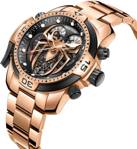Vista 2 de REEF TIGER Diseño de moda Deporte Reloj mecánico automático Spider Dial con complicado Año Mes Calendario Relojes de pulsera de acero RGA3532SP
