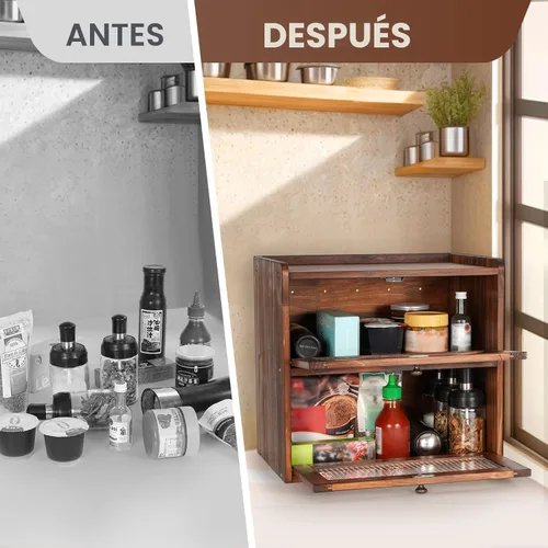 Vista 7 de Sunhoo Panera para encimera de cocina, contenedor de almacenamiento de pan de madera, contenedor de almacenamiento de pan de 2 capas, soporte
