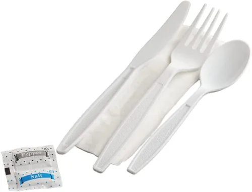 Vista 5 de Paquetes de cubiertos de plástico envueltos individualmente, incluye tenedor, cuchillo, cuchara, servilleta, sal y pimienta (blanco, 500)