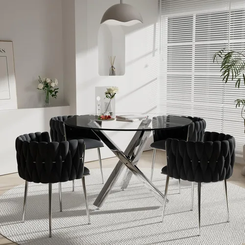 Vista 20 de Juego de mesa de comedor de cristal redondo dorado de 5 piezas, 39 pulgadas con tapa de cristal transparente para 4, mesa de cocina circular de lujo
