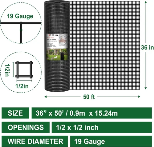 Vista 2 de HOPERAN Hardware Cloth Malla de alambre de pollo recubierto de PVC negro de 1/2 pulgada, 36 x 50 pies, vinilo + valla galvanizada de doble