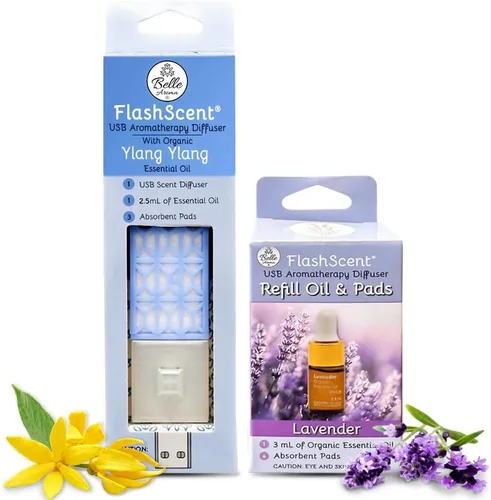 Vista 9 de FlashScent - Difusor de aceite esencial de aromaterapia USB para el hogar, el trabajo, kit de recarga de automóvil, incluye botella de 0.1 onzas