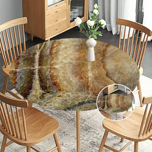 Vista 2 de Mantel redondo ajustable de mármol, patrón de superficie de piedra de ónix, borde elástico, impermeable y lavable, apto para mesa de 28 pulgadas