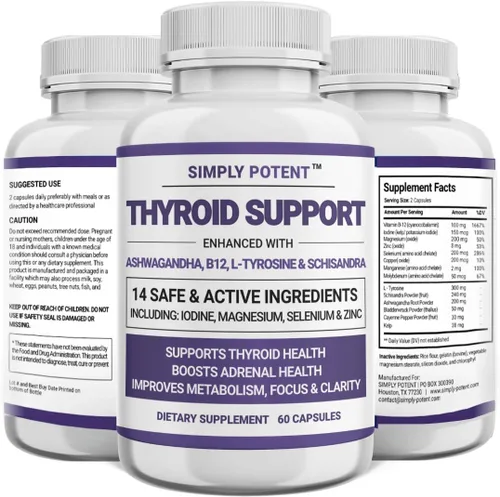 Simply Potent Suplemento de apoyo tiroideo y apoyo suprarrenal 2 en 1 fórmula natural con yodo y ashwagandha para energía, metabolismo, enfoque para