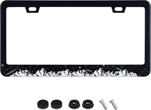 Vista 9 de Adventure Awaits - Marco de matrícula de montañas, divertido acero inoxidable para placa de automóvil, accesorio decorativo de 2 agujeros