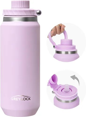 Vista 15 de Greylock Botella de agua aislada de 20 onzas con tapa con pajilla, botellas de agua deportivas reutilizables de acero inoxidable con asa plegable, a
