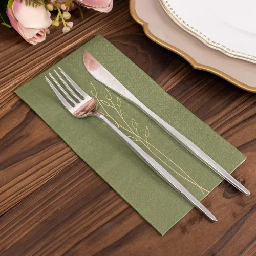 Vista 215 de Efavormart 50 Pack Servilletas de papel para fiestas de 2 capas suaves verde oliva con borde dorado de oro, servilletas para cenas, cócteles