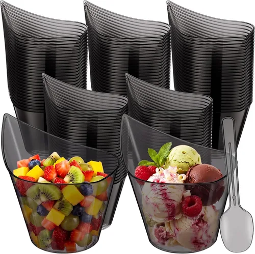 Paquete de 100 tazas de postre de plástico negro de 5 onzas con cucharas de degustación, tazas de aperitivo, cuencos de yogur y parfait con cucharas