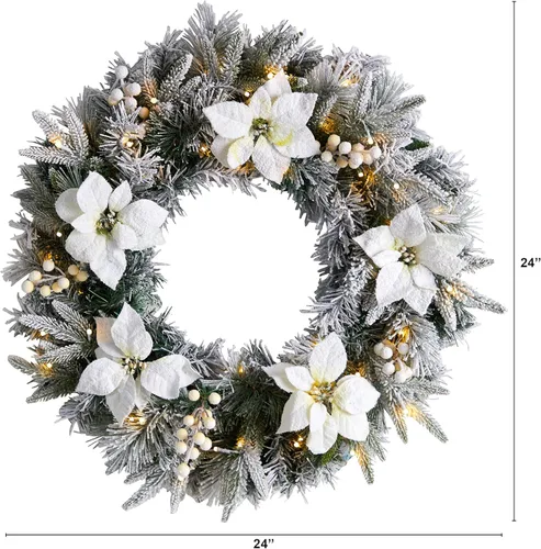 Vista 2 de Nearly Natural Corona de Navidad artificial de pino y pascua flocada de 24 pulgadas con 50 luces LED blancas cálidas