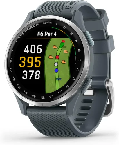 Vista 9 de Garmin Approach® S44, reloj inteligente GPS esencial para golf, pantalla AMOLED, funciones en el campo, bisel de aluminio plateado con banda