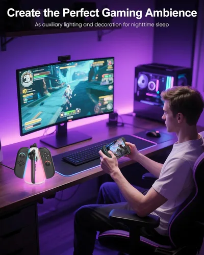 Vista 9 de Controller Charger Dock for Nintendo Switch 2 2025 for Joycon 2, 4-in-1 Magnetic Dual Direction Fast Charging Stand Station with 10 RGB Light Modes