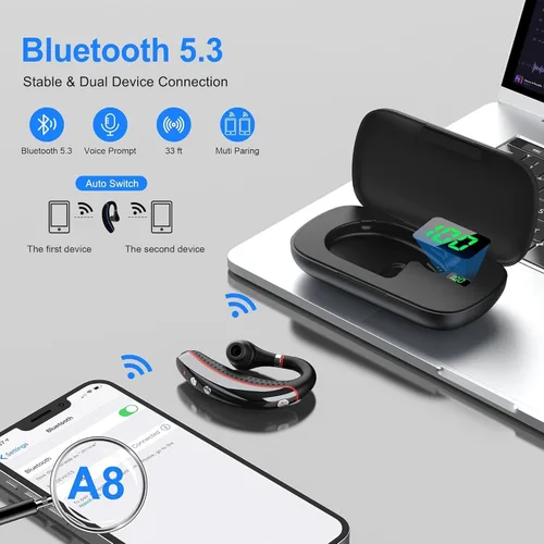 Vista 3 de SneKa Auriculares Bluetooth, auricular Bluetooth inalámbrico con funda de carga de 500 mAh, tiempo de conversación de 72 horas y para teléfonos
