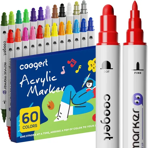 Coogert Marcadores de pintura acrílica de doble punta de 60 colores, punta fina y punta de punto para pintura de rocas, lienzo, madera, vidrio,