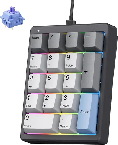 Vista 9 de Kisnt Numpad - Teclado mecánico de números, intercambiable en caliente, USB de 17 teclas, teclado numérico retroiluminado blanco con teclas PBT