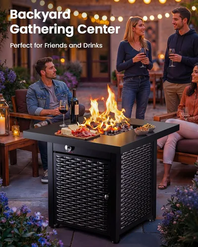 Vista 2 de Ciays Mesa de Hoguera de Propano de 28 Pulgadas CSA-Listada para Exteriores, Hoguera de Gas de Acero de 50,000 BTU con Tapa y Piedra de Lava, Añade