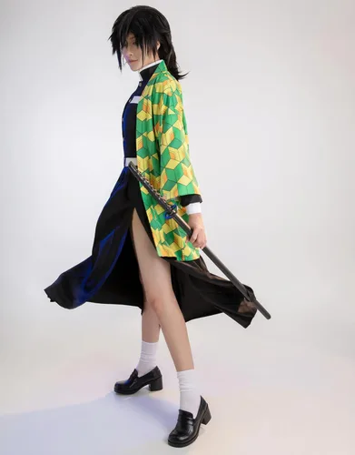 Vista 4 de Miccostumes Conjunto de uniforme de kimono para mujer y falda larga con abrigo y cinturón